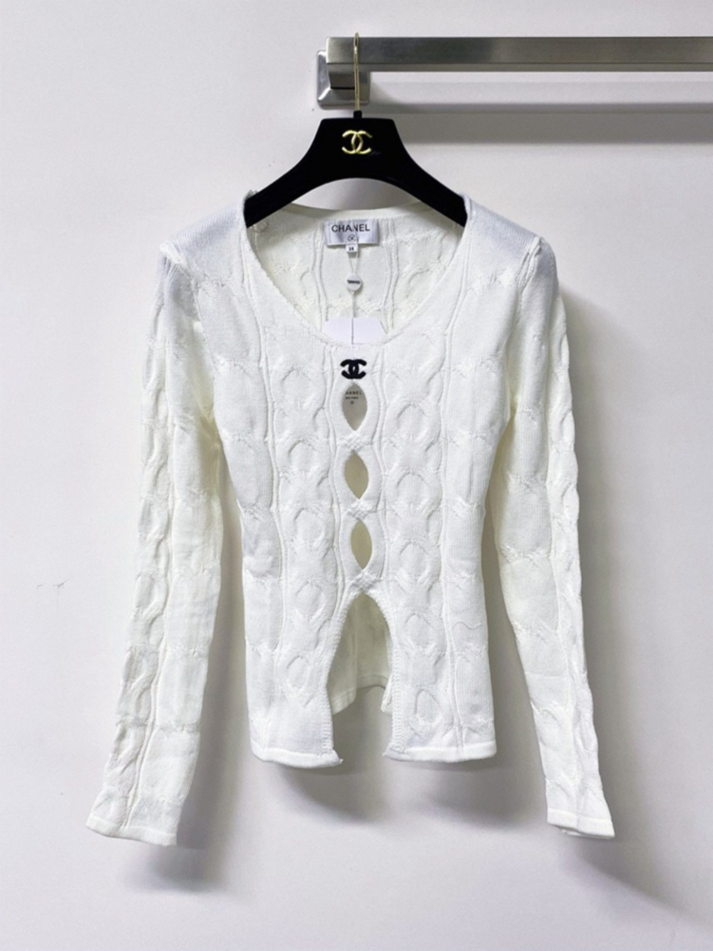 Chanel Cable Knit Hollow Front Long Sleeve Cropped Blouse